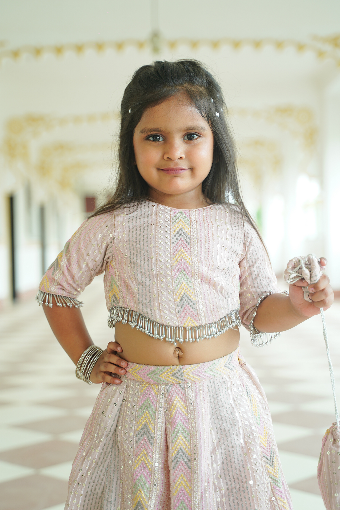 Pastel Pink Sequin Lehenga Set with Potli