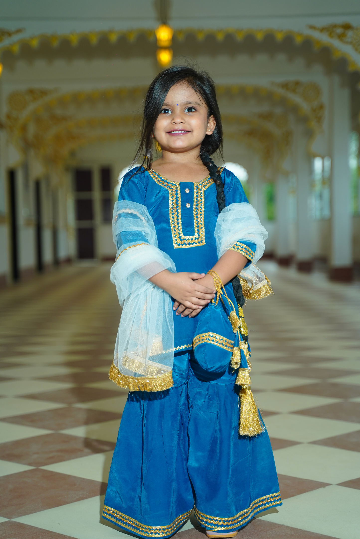 Blue Sharara Set with White Chunni & Potali