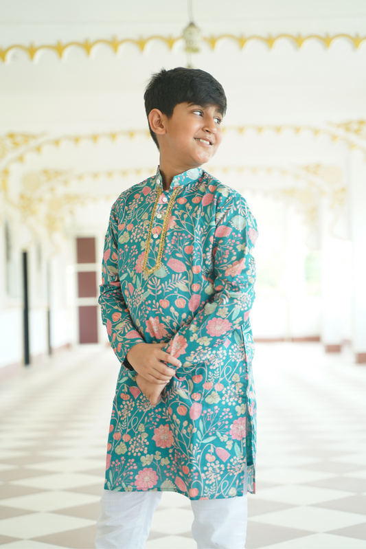 Teal Floral Kurta Set
