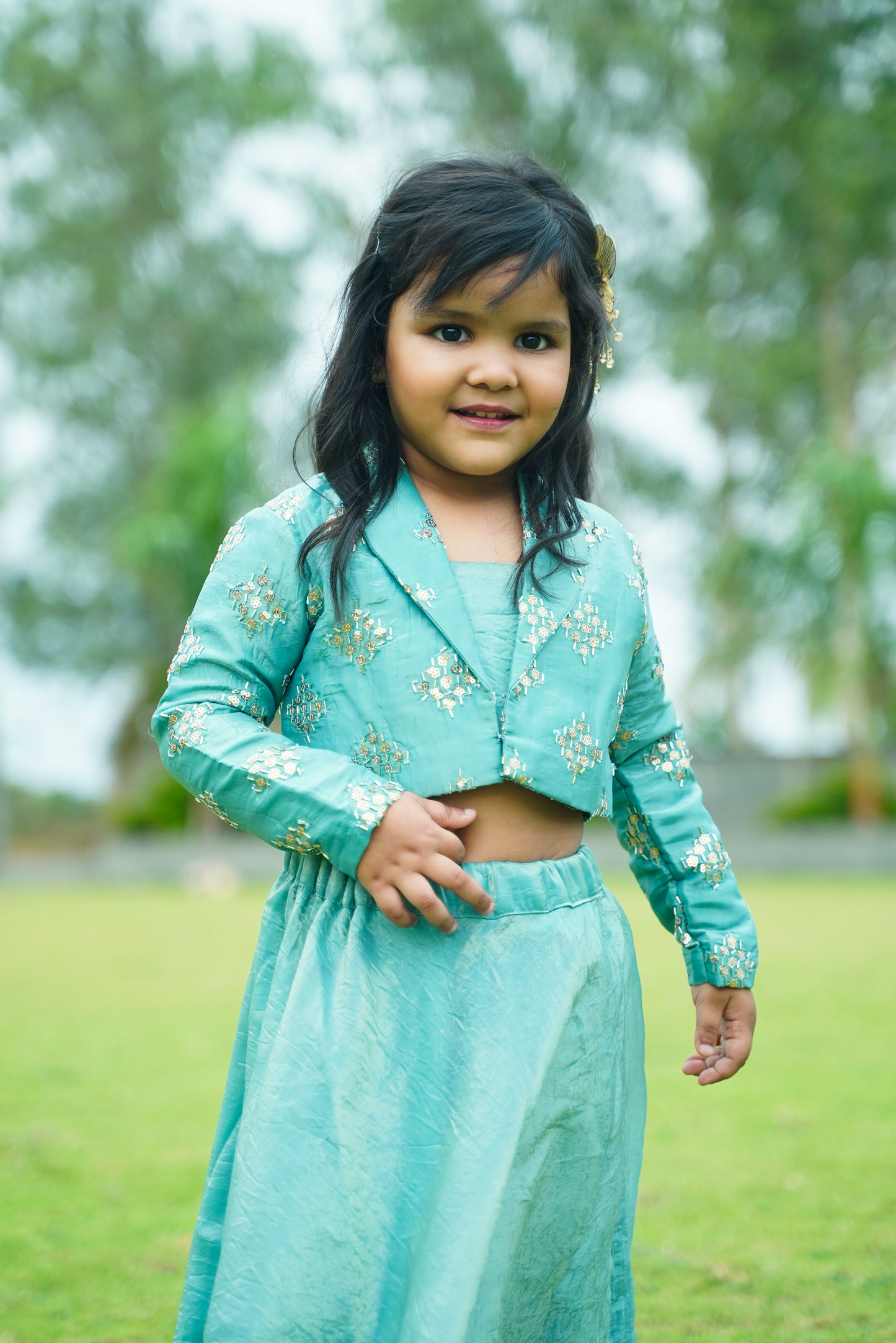 Aqua Gold Crush Jacket & Lehenga Set