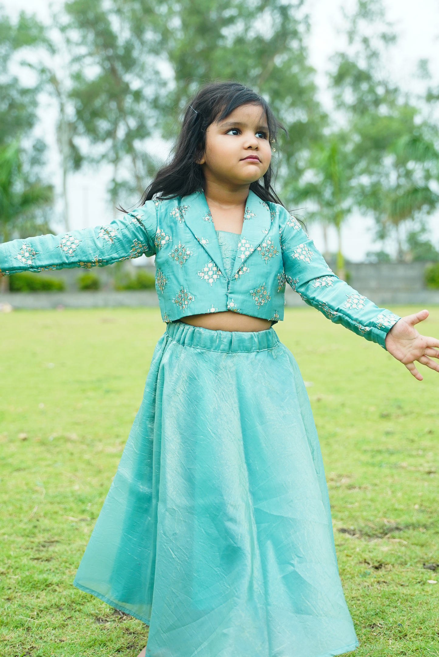 Aqua Gold Crush Jacket & Lehenga Set