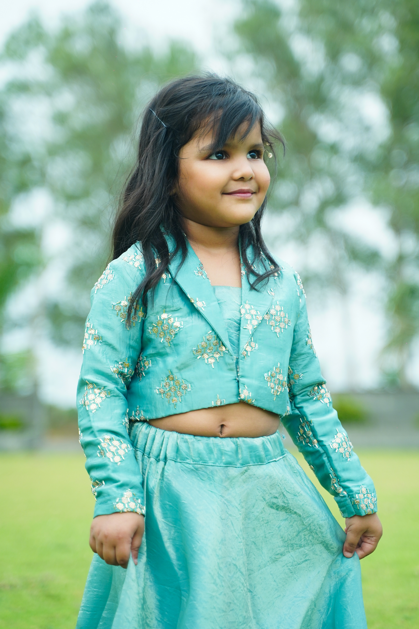 Aqua Gold Crush Jacket & Lehenga Set