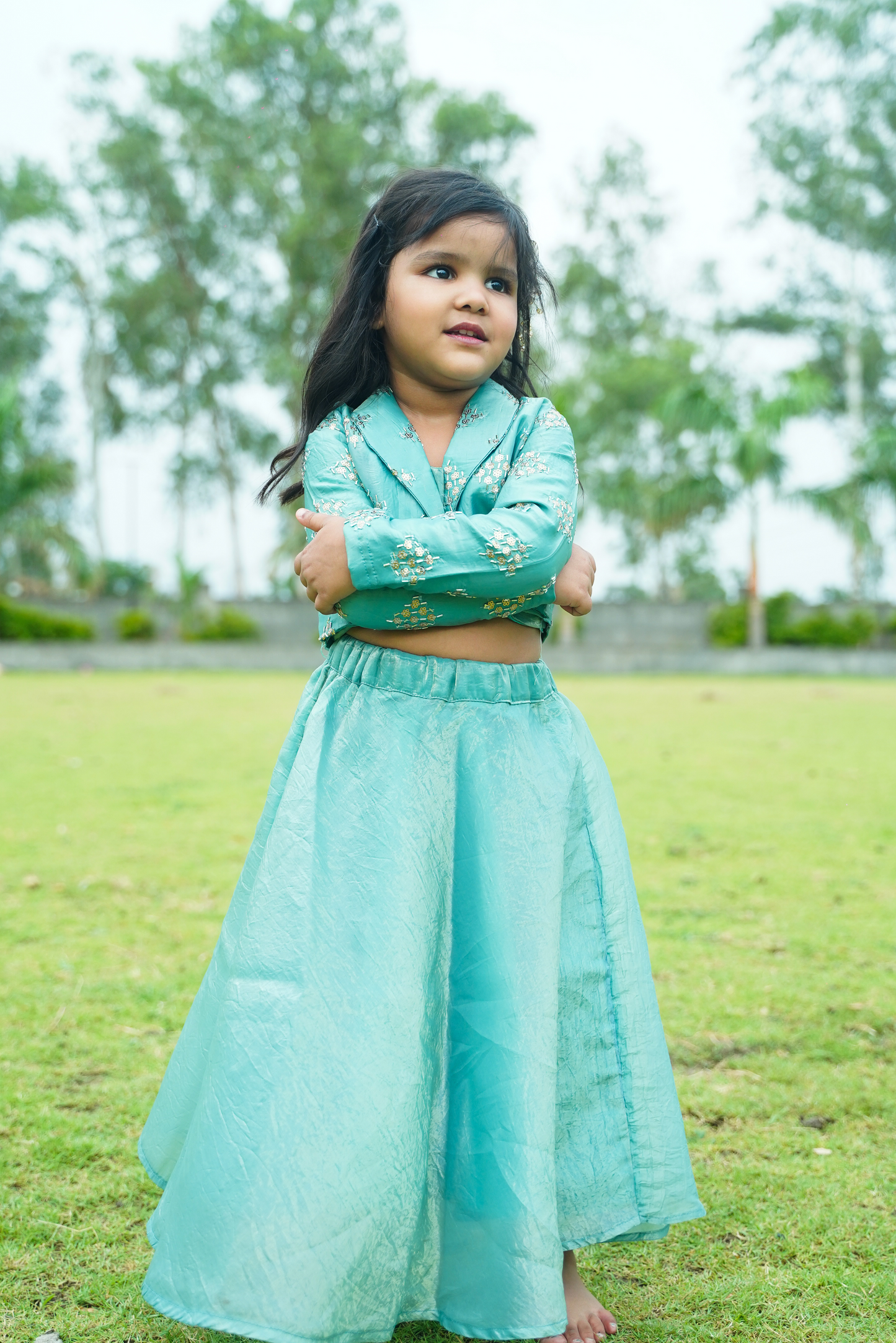 Aqua Gold Crush Jacket & Lehenga Set