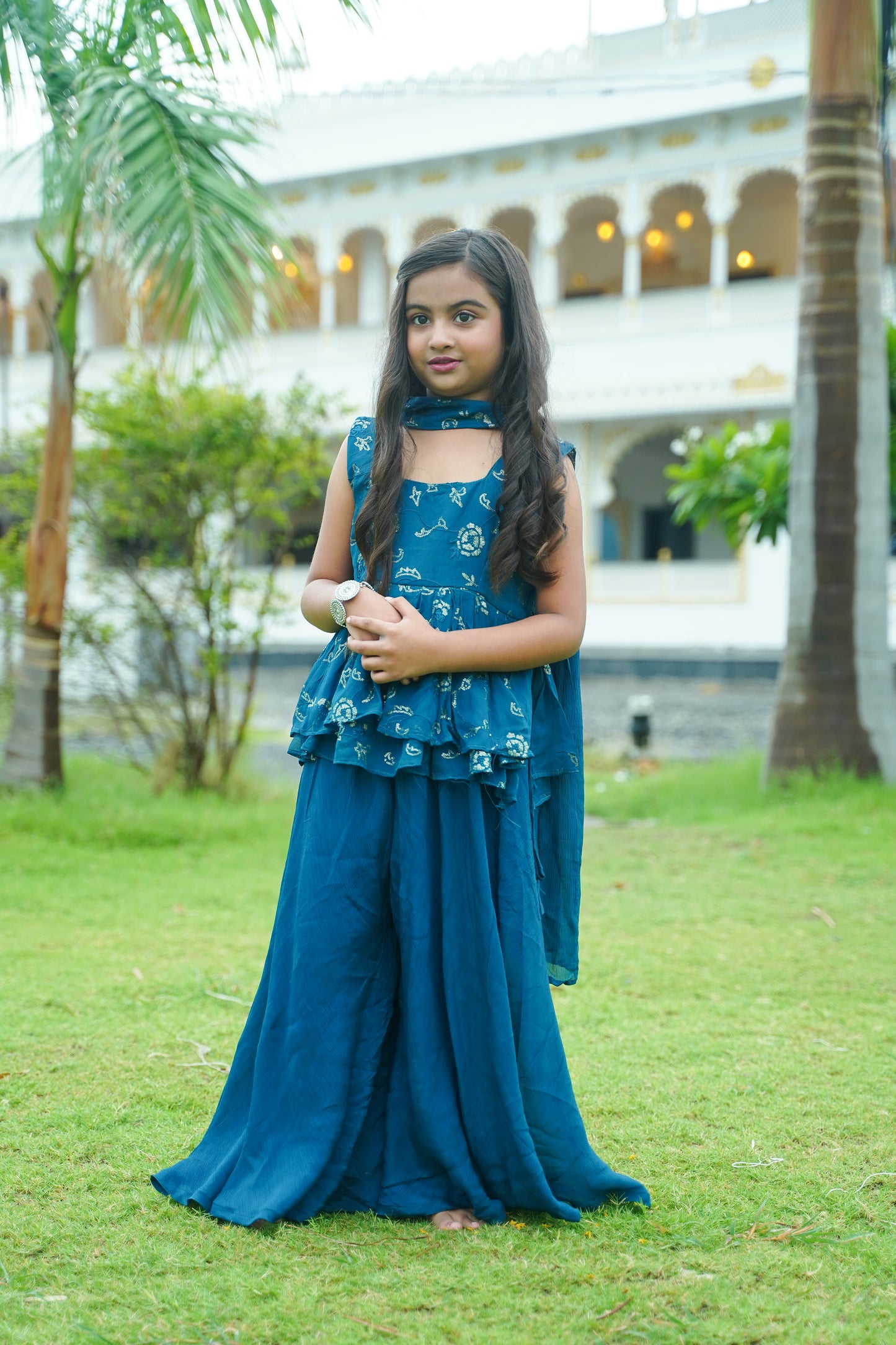Blue Sequin Peplum Top & Palazzo Set