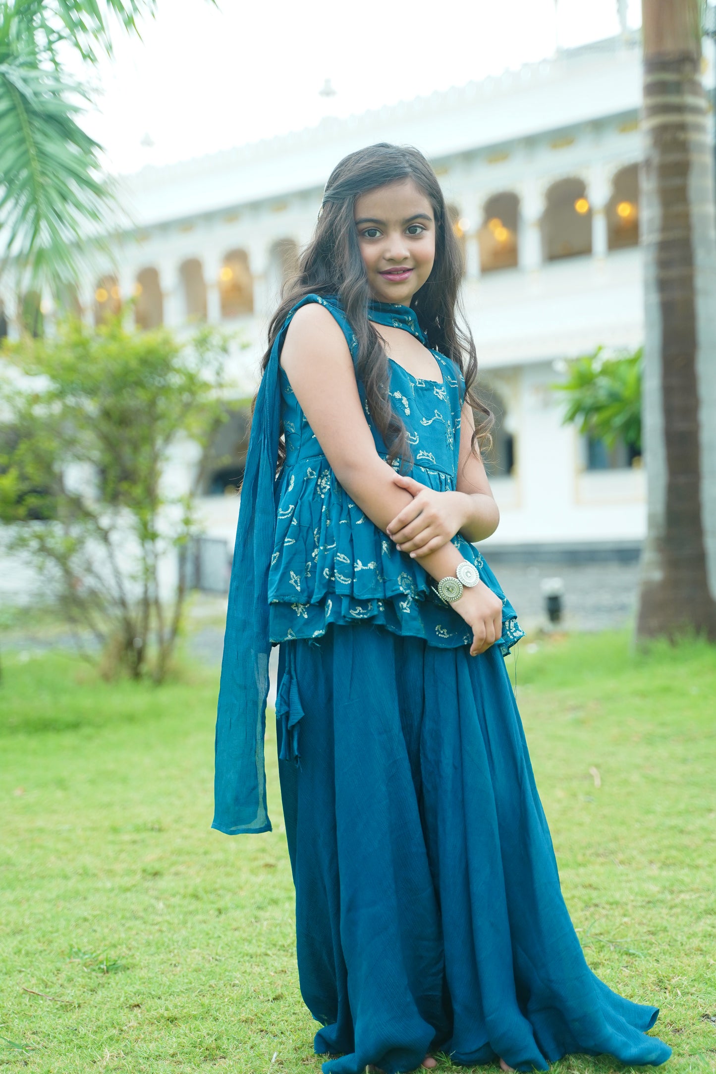 Blue Sequin Peplum Top & Palazzo Set