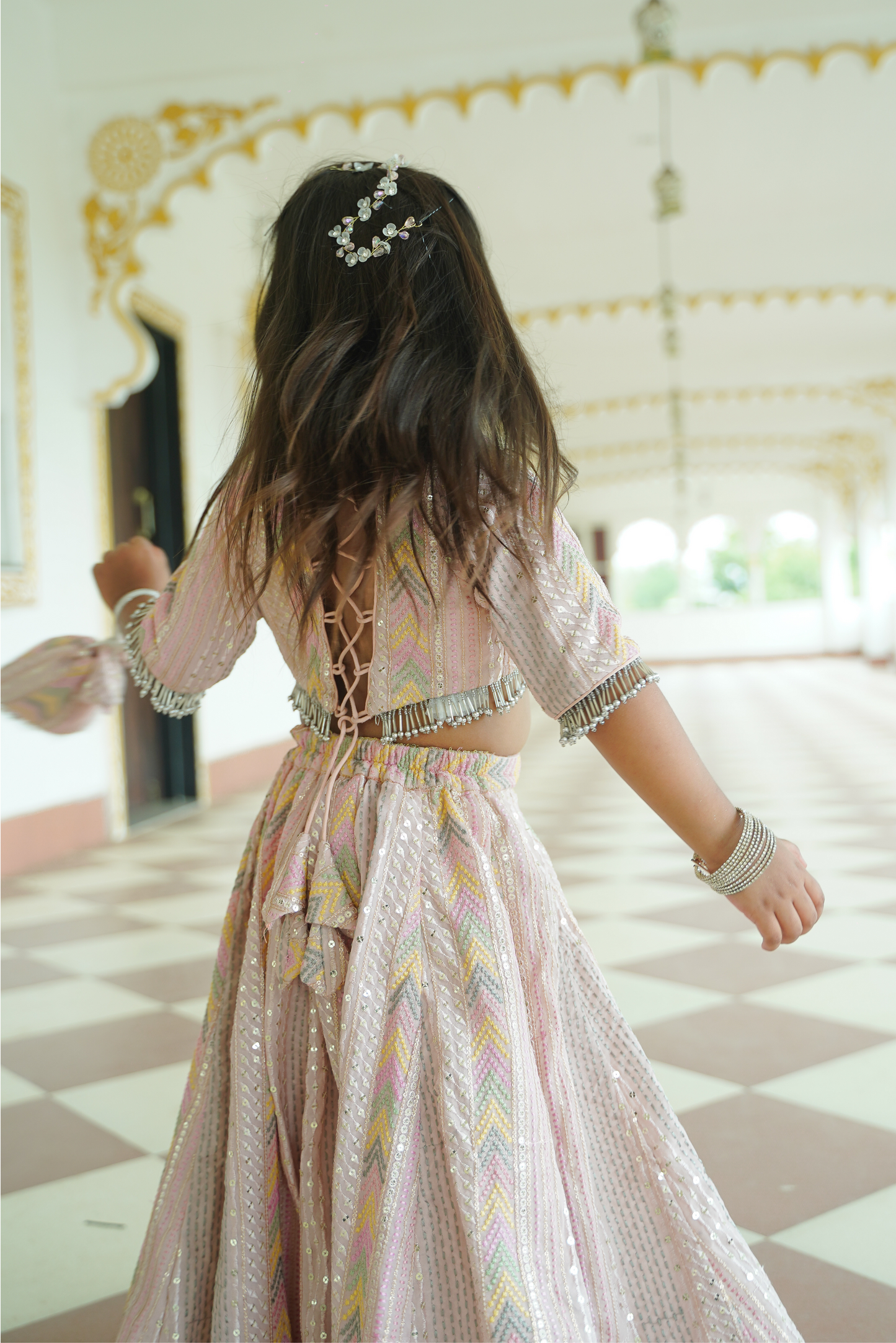 Pastel Pink Sequin Lehenga Set with Potli