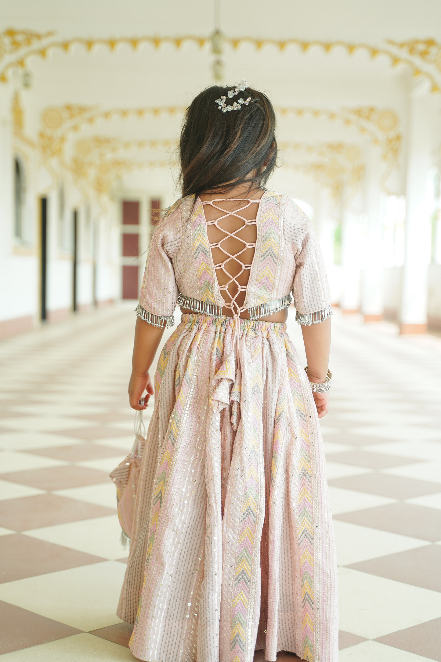 Pastel Pink Sequin Lehenga Set with Potli